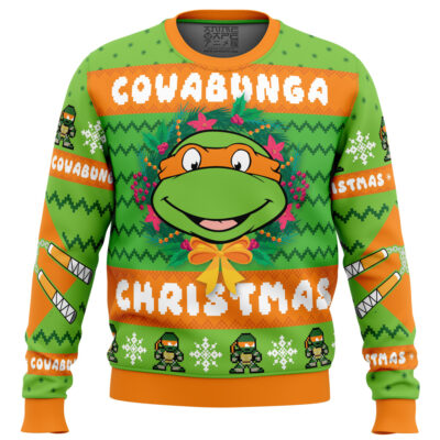 Cowabunga Michaelangelo Christmas TMNT PC men sweatshirt FRONT mockup - TMNT Shop